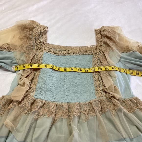 NEW Anthropologie Forever That Girl Blue Tan Smocked Crochet Lace Blouse S Boho - Picture 10 of 13